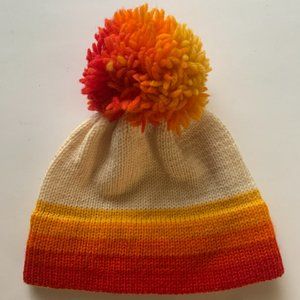 Vintage 1970s The Mountain Lid Yellow Orange Red Wool Knit Pom Pom Beanie